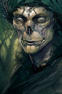 A skeletal figure wrapped in green stares with cold, pale eyes.