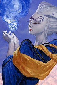 A pale woman with white hair and blue robes holds a swirling white and blue orb.