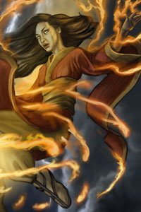 A woman in red robes is enveloped in streams of fire.