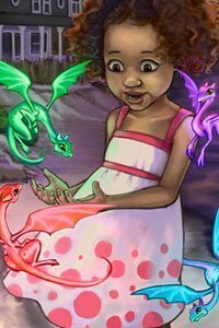 A young girl plays with a small group of colorful dragons.