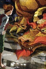 A businesswoman confers with a large red dragon.