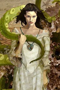 A woman wearing a white dress embraces a large green tentacle.