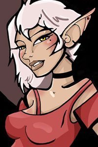 A cartoony elf woman with short white hair and a red top.