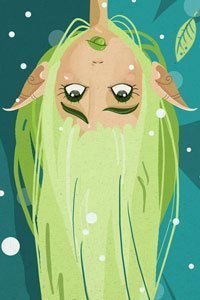A playful elf with green hair hangs upside down and sticks out her tongue.