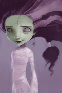 A green-skinned little girl with big hair and a white dress looks up.