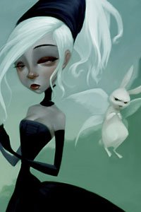 A white-haired girl in a black dress and gloves is accompanied by a surly winged rabbit.