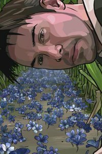 Keanu Reeves as Bob Arctor discovers a field of blue flowers. 