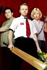 Simon Pegg as Shaun, Nick Frost as Ed and Kate Ashfield as Liz wielding improvised weapons.