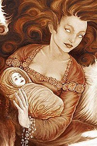 An angelic woman cradles a small infant in her arms.