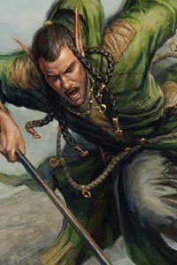 An elf man in green leathers attacks with his spear.