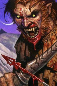 A werewolf with bared fangs and a bloody face draws an blood-soaked arrow.