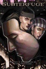 A man's dark profile is dominated by two women's portraits aginast the backdrop of the city at night.