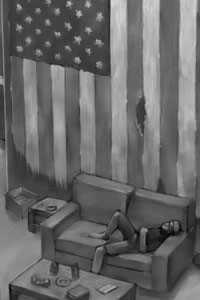 A tattered U.S. flag hangs on a wall, with a man lounging on a sofa below.