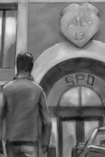 A man walks towards a police station.