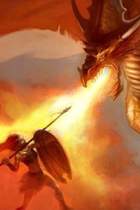 A large dragon belches flame upon a lone spear-wielding warrior.