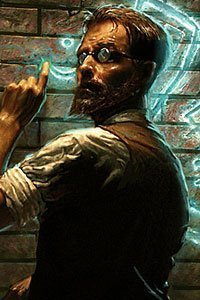 A bearded man with round glasses examines glowing runes on a brick wall.