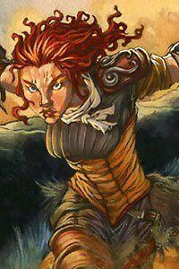 A fierce redheaded woman warrior lunges.