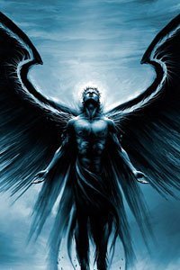 A dark angel with wings outstretched gazes upward.